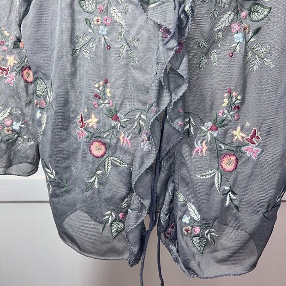 J Jill Sheer Blouse Ruffle Tie Front Cardigan Embroidered Flower Dainty Feminine - Picture 4 of 10